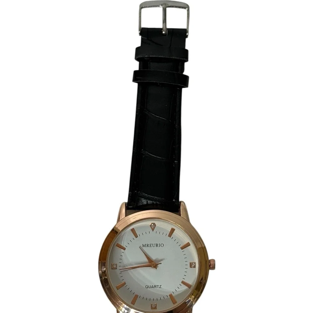 Mreurio Black Leather Men's Rose Gold Quartz Watch‎ With Second Hand